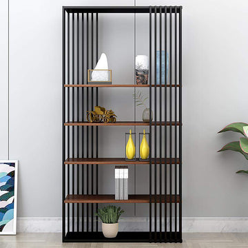 Modern Metal  Etagere Bookshelf Freestanding with 5 Shelving Black & Walnut-Bookcases & Bookshelves,Furniture,Office Furniture